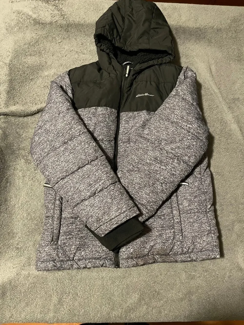 Eddie Bauer Jacket Kids XL 16 Hooded Puffer Insulated Sherpa Lined Gray Black
